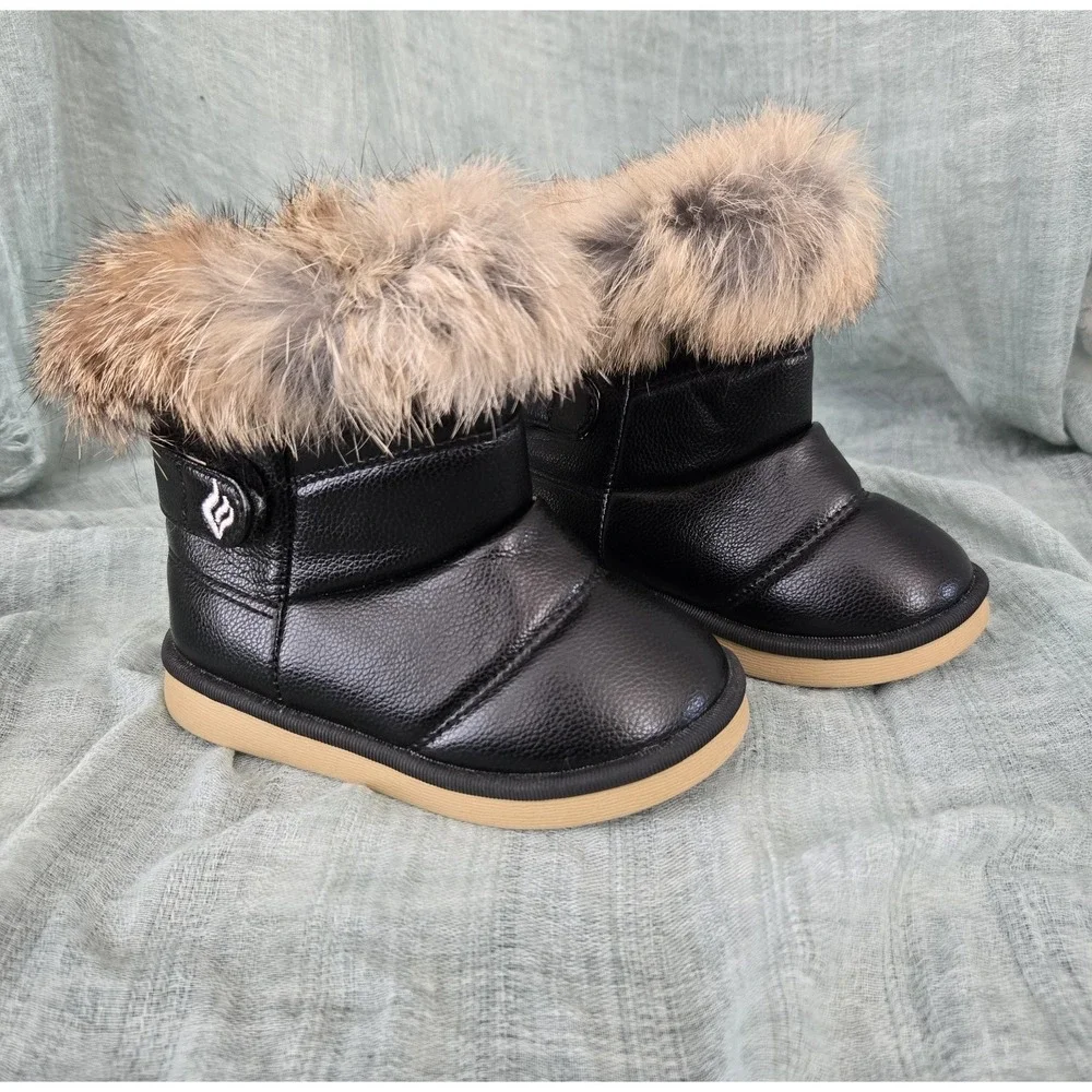 Merence Comfy Kids Toddler Girl's Boots Black w/ Faux Fur Trim Size 24 Months